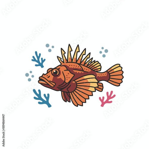 Stylized illustration of an orange spiny scorpionfish with blue and pink coral