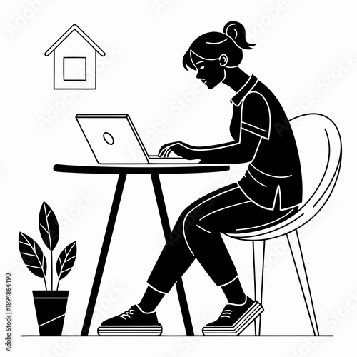 A woman works on her laptop from home in a minimalist vector illustration