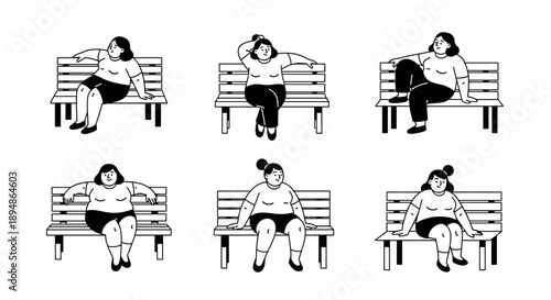 Collection of diverse women sitting on park benches.