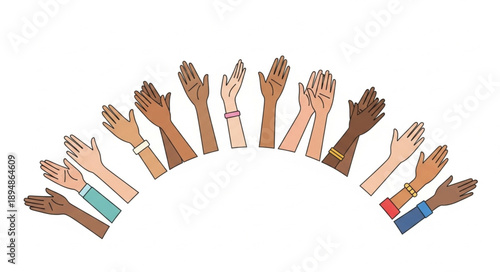 Diverse group of hands raised in unity and support.