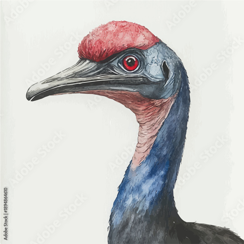 Cassowary, refined watercolor illustration with luminous tones and soft layered brushwork, isolated on a white background.