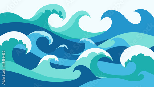 Stylized illustration of overlapping curling ocean waves in various shades of blue and cyan