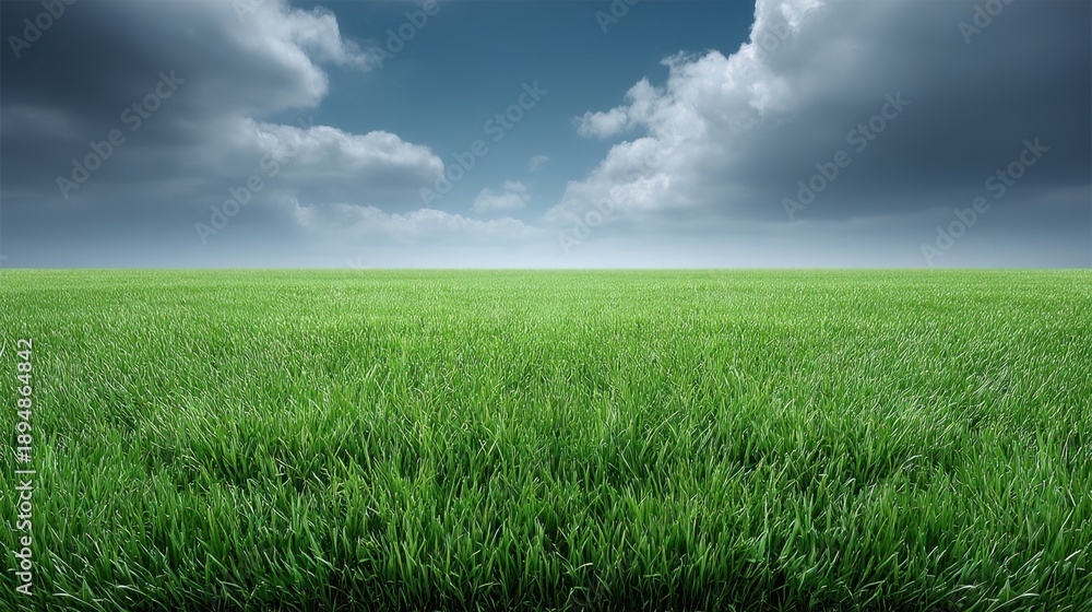 Fototapeta premium Lush Green Grass Field Under Dramatic Clouds with Bright Sky in the Background Showing Clear Horizon and Vibrant Nature Scene