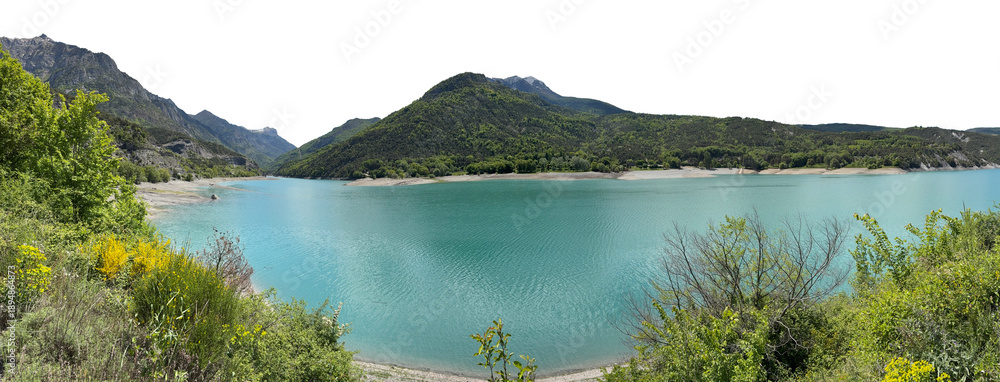 Fototapeta premium beautiful blue water lake with forest hills wide view landscape in summer. the sky is isolated on white or transparent png