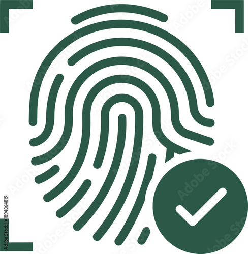 Fingerprint scan icon with checkmark, biometric security and identity verification concept, dark green graphic