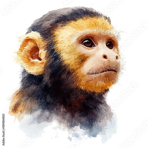 Capuchin Monkey, refined watercolor illustration with luminous tones and soft layered brushwork, isolated on a white background.