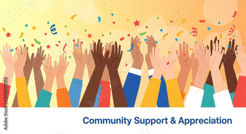 Diverse group of people celebrating with raised hands and confetti.