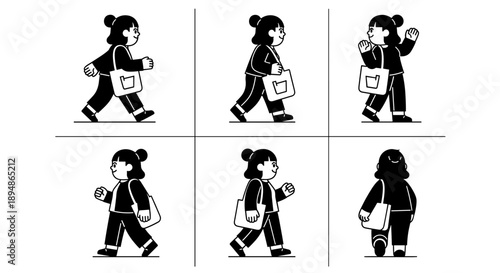 Monochromatic animation frames of a woman walking with a tote bag.