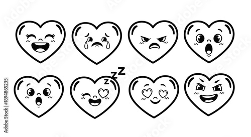 Set of eight heart-shaped emoticons expressing various emotions in a cartoon style.