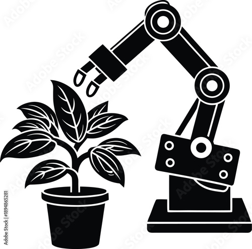 Robotic arm watering potted plant illustration, black and white industrial automation concept symbolizing smart agriculture, plant care technology, innovation, sustainability and farmingart. 