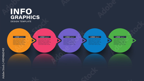 Circles Infographics template design template with five steps or options. Colorful infographic elements for presentation slides isolated on a dark blue background