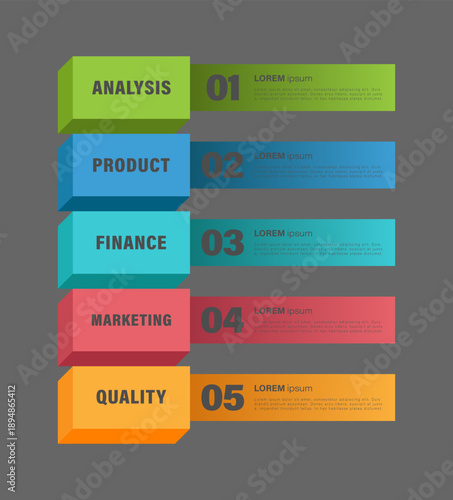 Vertical 3D template with five step processes. Isometric infographic layout for data visualization.