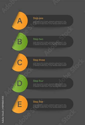 Two color vector vertical template for data visualization on dark gray background. Colorful circular elements of yellow and green color infographics layout