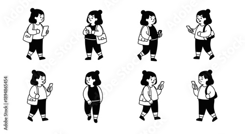 Monochromatic illustrations of diverse women walking and interacting with their phones and bags.