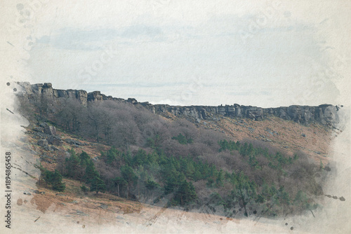Photography Stanage Edge Derbyshire Peak District bleak winter rural landscape digital watercolour painting
