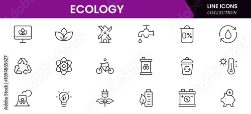 Ecology icon set. Environment, sustainability, nature, recycle, renewable energy, electric bike, eco-friendly, forest, wind power, green symbol vector collection.