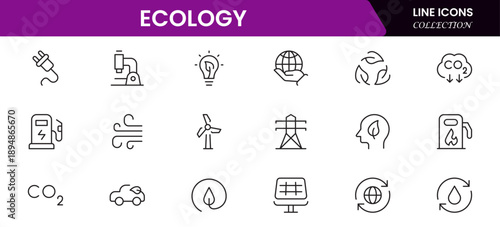 Ecology icon set. Environment, sustainability, nature, recycle, renewable energy, electric bike, eco-friendly, forest, wind power, green symbol vector collection.
