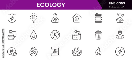 Ecology icon set. Environment, sustainability, nature, recycle, renewable energy, electric bike, eco-friendly, forest, wind power, green symbol vector collection.