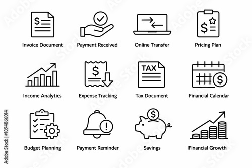 Minimal line icons set for business finance tasks including invoices, payments, transfers, budgeting, expenses, taxes, savings, analytics, growth