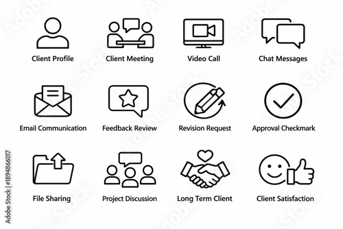 Minimal line icon set illustrating client communication and project workflow, including profile, meeting, video call, chat, email, feedback, approvals
