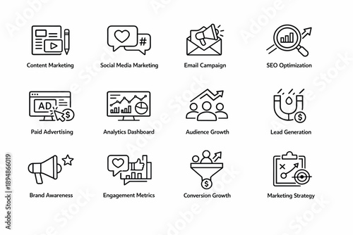 Minimal line icon set illustrating digital marketing concepts including content creation, social media, email campaigns, SEO, analytics, advertising, and leads
