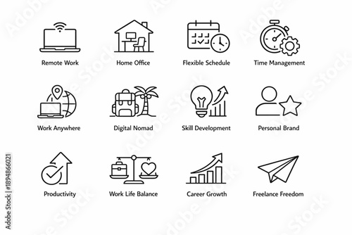 Minimal line icon set illustrating remote work lifestyle concepts, including home office, flexible schedule, productivity, career growth, and freelancing