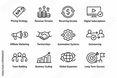 Minimal line icons illustrating business growth strategies including pricing, revenue streams, recurring income, subscriptions, partnerships and scaling