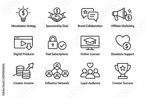 Monetization methods infographic with line icons for sponsorships, brand collaborations, affiliate marketing, subscriptions, online courses, and donations