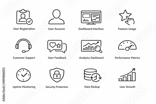 Minimal line icon set illustrating user registration, dashboard analytics, customer support, security, data backup, uptime monitoring, and growth metrics