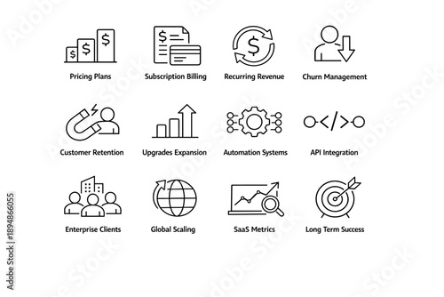 Minimal line icons illustrating SaaS business concepts including pricing plans, subscription billing, recurring revenue, churn management, and growth metrics