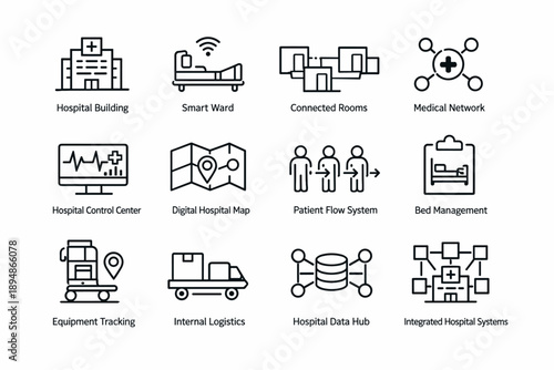 Line icon set illustrating smart hospital operations including connected wards, patient flow, bed management, equipment tracking, logistics, and data hub