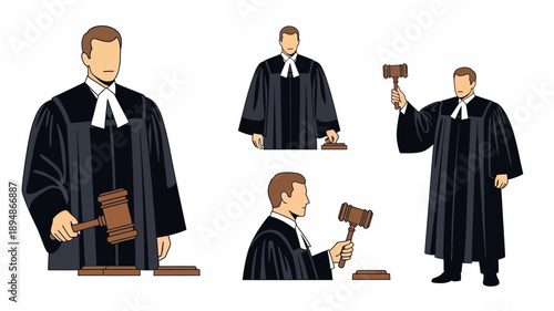 Illustration of judges in traditional robes with gavels and blocks