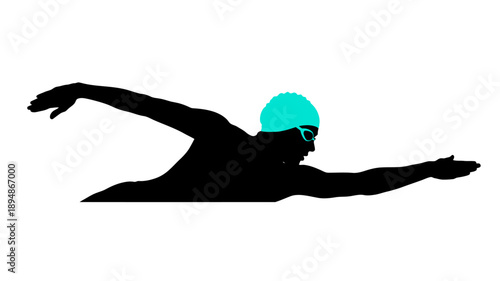 Silhouette of a swimmer in mid stroke wearing a cap and goggles