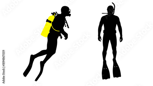 Silhouettes of scuba divers and a snorkeler in a dynamic pose