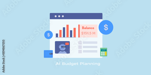 AI budget planning software platform, intelligent assistant handles digital wallet, online currency, automatic transaction monitoring and budget management.