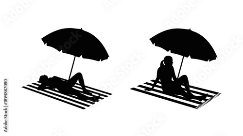 Black silhouette illustration of people relaxing under umbrellas at the beach