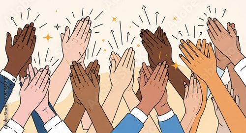 Diverse group of people clapping hands together in celebration.