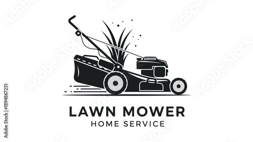 Black and white illustration of a lawn mower cutting grass