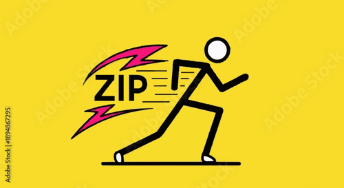 Stick figure running fast with zip symbol and lightning bolts.