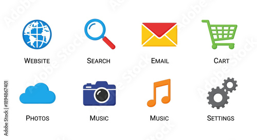 Collection of blue flat design vector icons representing various applications