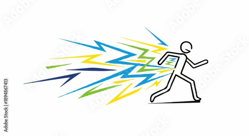 Stick figure running fast with lightning bolts.