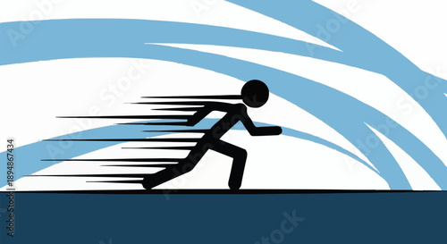 Stick figure running fast with motion blur effect.