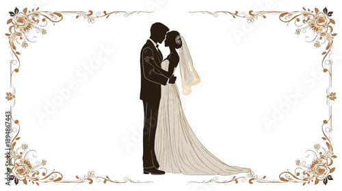 Romantic Wedding Couple Embracing in Elegant Floral Frame Silhouette