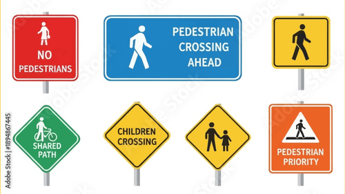 Collection of pedestrian and bicycle warning signs in various colors