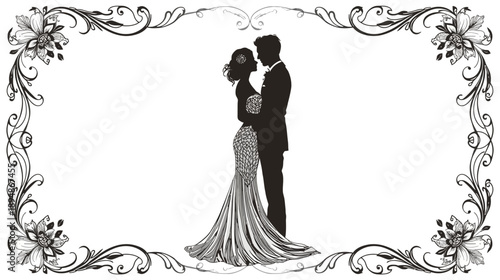Romantic Silhouette of a Wedding Couple Embracing in a Floral Decorative Frame