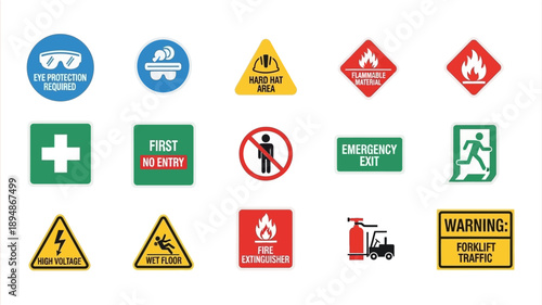Collection of colorful safety signs depicting various workplace hazards and protocols