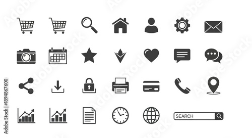 Collection of diverse black glyph icons representing common digital functions
