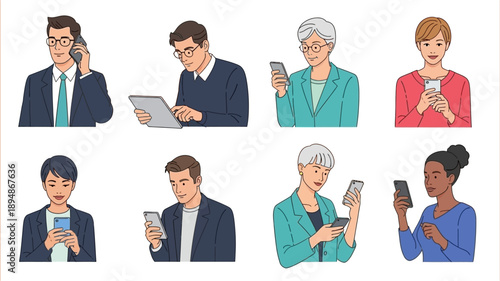 Diverse group of people using mobile phones and digital devices