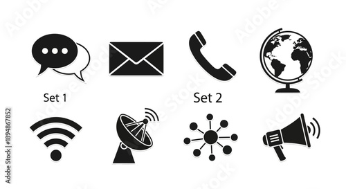 Communication and global connectivity icons in a black and white set