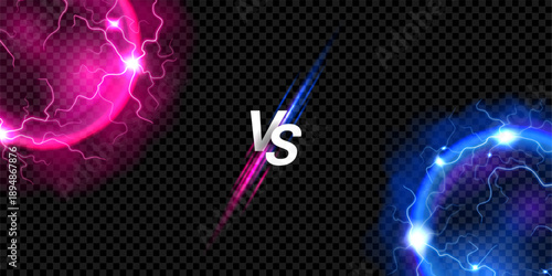 Dramatic collision of energy thunderbolt balls. Verses concept with 3D glowing spheres with lightning electric strikes. VS banner for game decoration. Blue and pink neon balls radiate hot plasma.